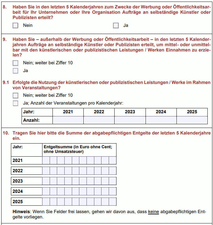 Ausschnitt aus dem Anmelde- und Erhebungsbogen