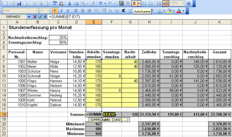 Einfügen von Funktionen in EXCEL